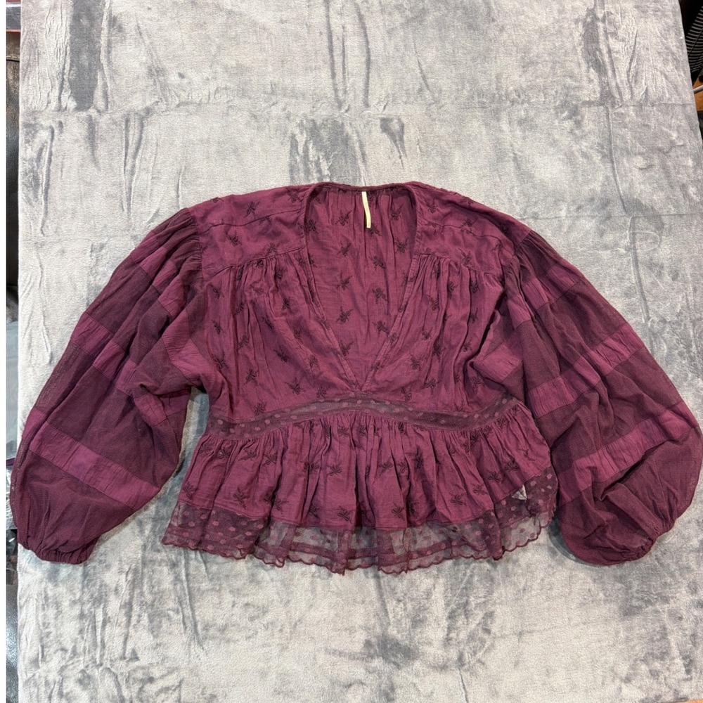 Free People Embroidered Peplum Top Womens Purple Balloon Sleeve XS
